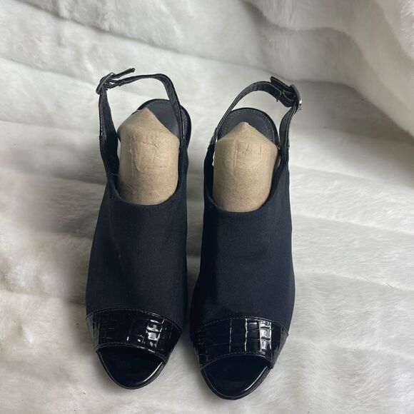 Life Stride black stretchy fabric heels peep toe back adjustable strap s… - Picture 2 of 10